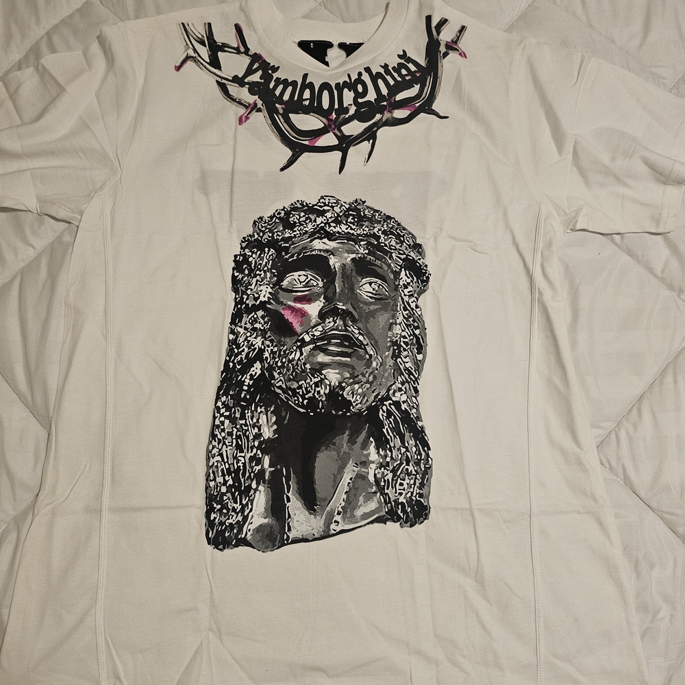 VLONE White Short-Sleeve Tee with Black Religious Portrait and Pink Accent